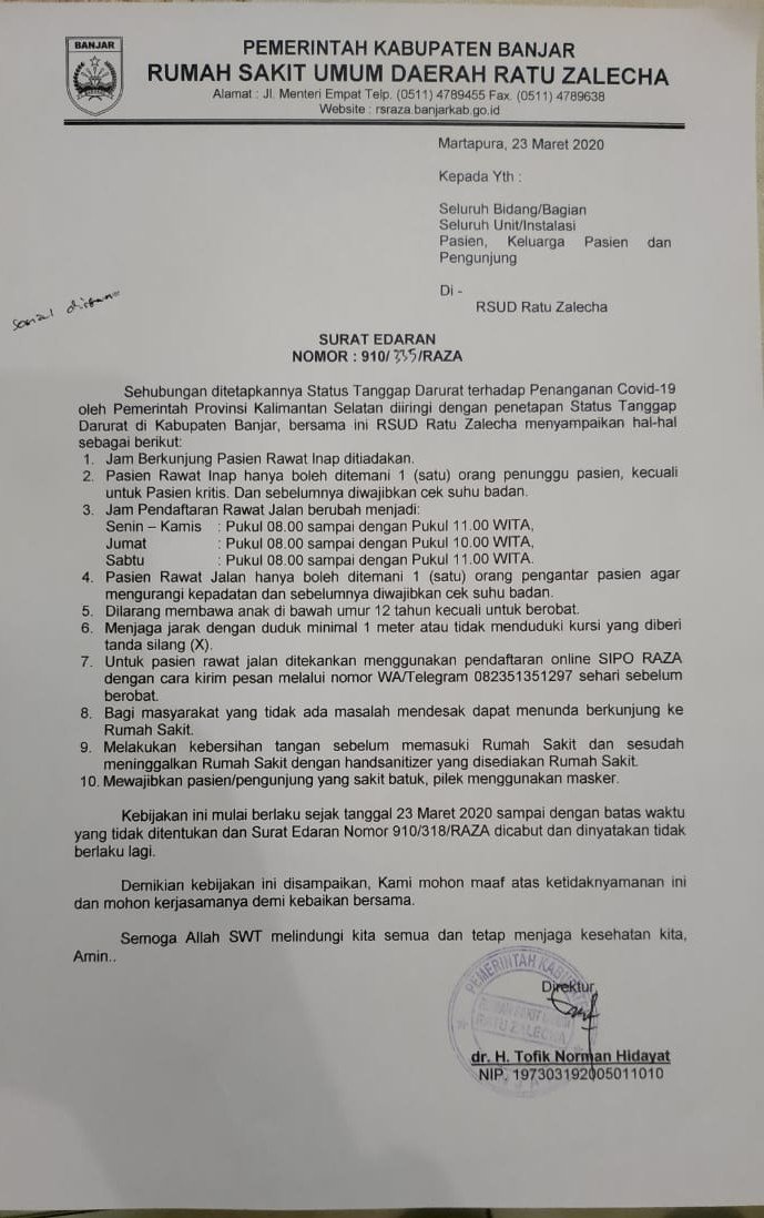 Cegah Penyebaran Covid 19 RSUD Ratu  Zalecha  Martapura  