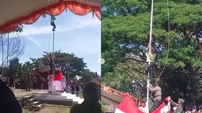 Detik detik Bripka Suparno naik tiang demi memperbaiki tali bendera
